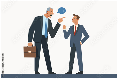 business argument fight concept, boss-employee, father-son,  student-teacher, kid-adult, yell scream shout, minimal flat cartoon design	
