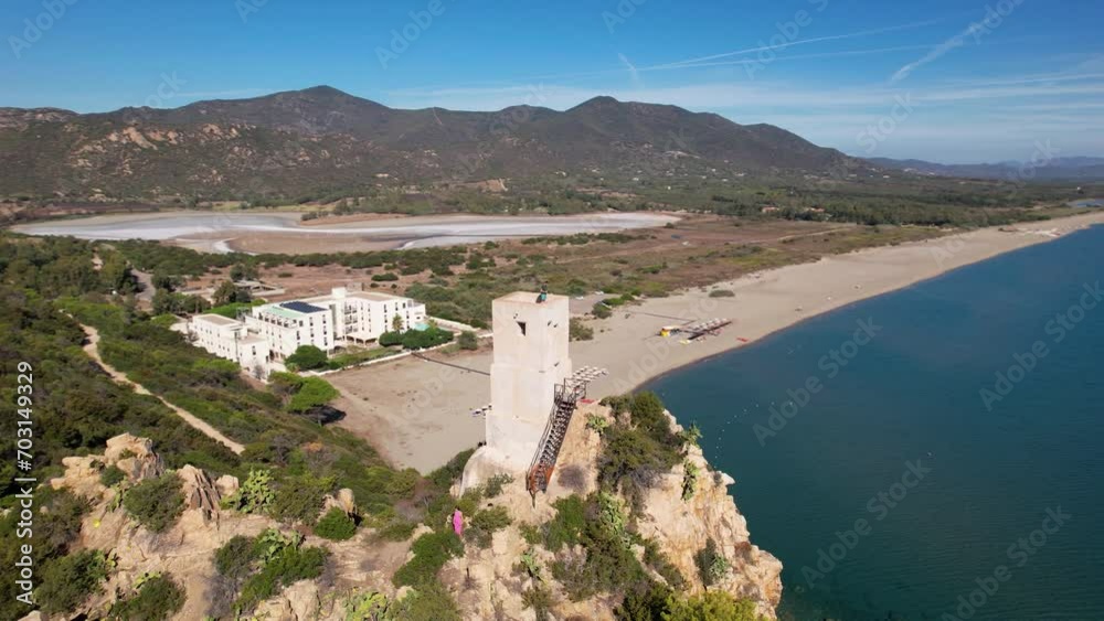 Drone flight over a bay with a tower in the foreground. Drone flight over a bay with a tower in the foreground.