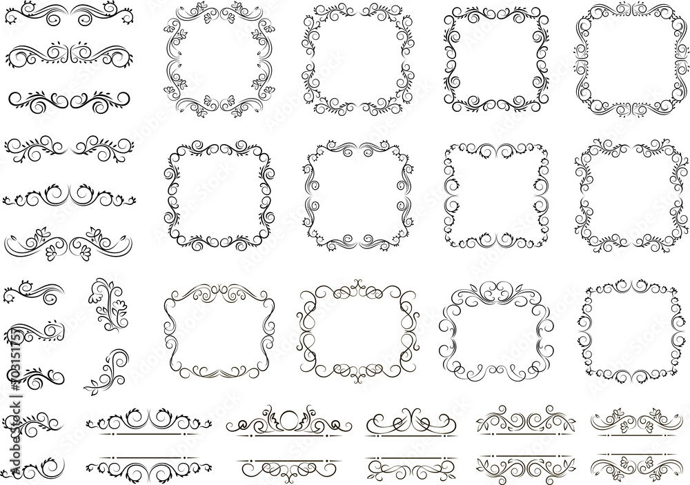 Set of graphic elements for design. Decorative swirls or scrolls, vintage frames , flourishes, labels and dividers. Set of graphic elements for design. Decorative swirls or scrolls, vintage frames , flourishes, labels and dividers.