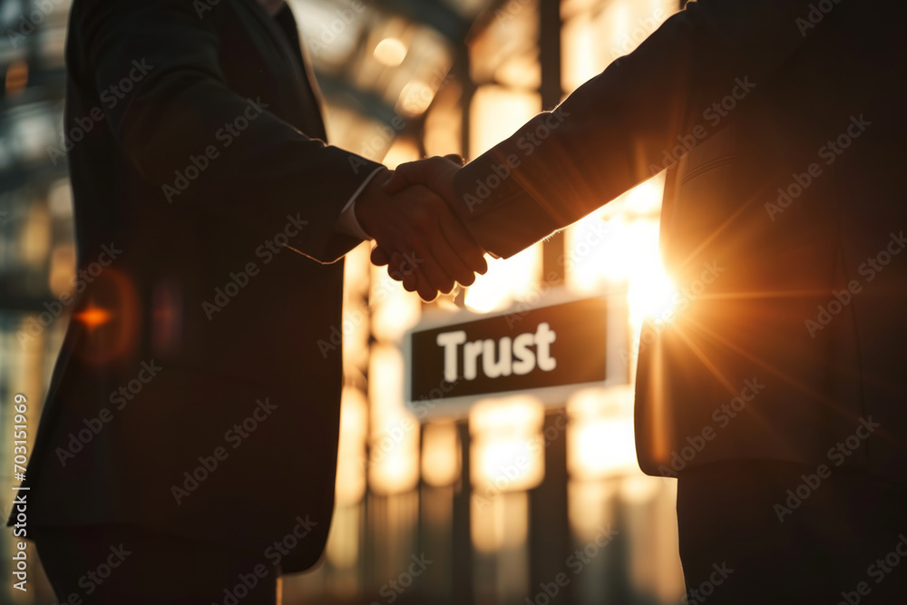 Trust concept image with two businessman handshake and trust word sign in background - obrazy, fototapety, plakaty 