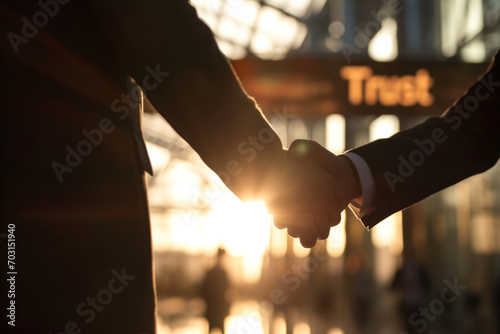 Trust concept image with two businessman handshake and trust word sign in background