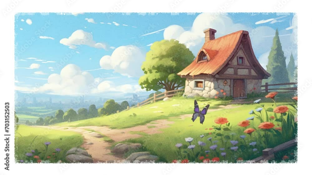 animation of a house on a rural hill, a butterfly playing on a bed of flowers, anime background