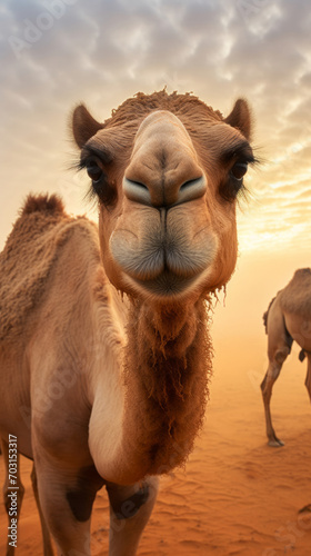 A camel is standing in the middle of a desert