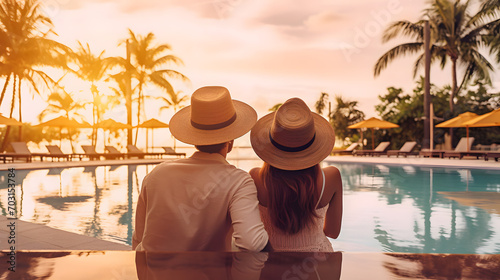A young couple enjoys a sunset vacation by the pool at a tropical resort_Generative AI © ESG ENT