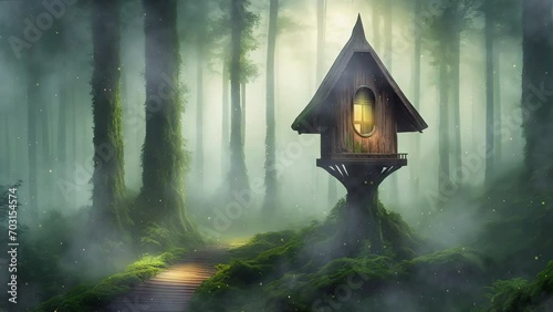 A fabulous hut in the woods with flying lights photo