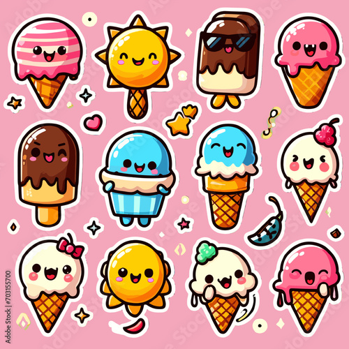 Funny ice cream sticker pack, cute cartoon characters for summer