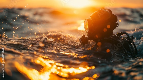 Scuba diver taking a breath before diving, serene seascape lit by sunset, shot with a wide-angle lens © Twinny B Studio