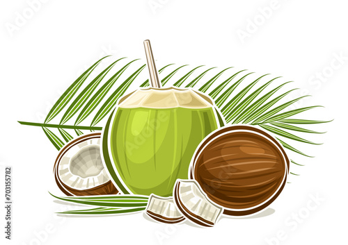 Vector logo for Coconut Milk, decorative horizontal poster with outline illustration of coconut composition with palm sprig, cartoon design fruity print with chopped coconut parts on white background
