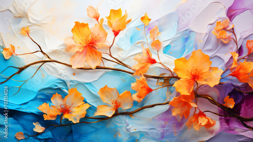 Abstract background with orange flowers on a blue and white acrylic background.