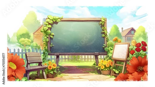 A blackboard in the middle of a beautiful flower garden, a butterfly going back and forth around it, loop animation