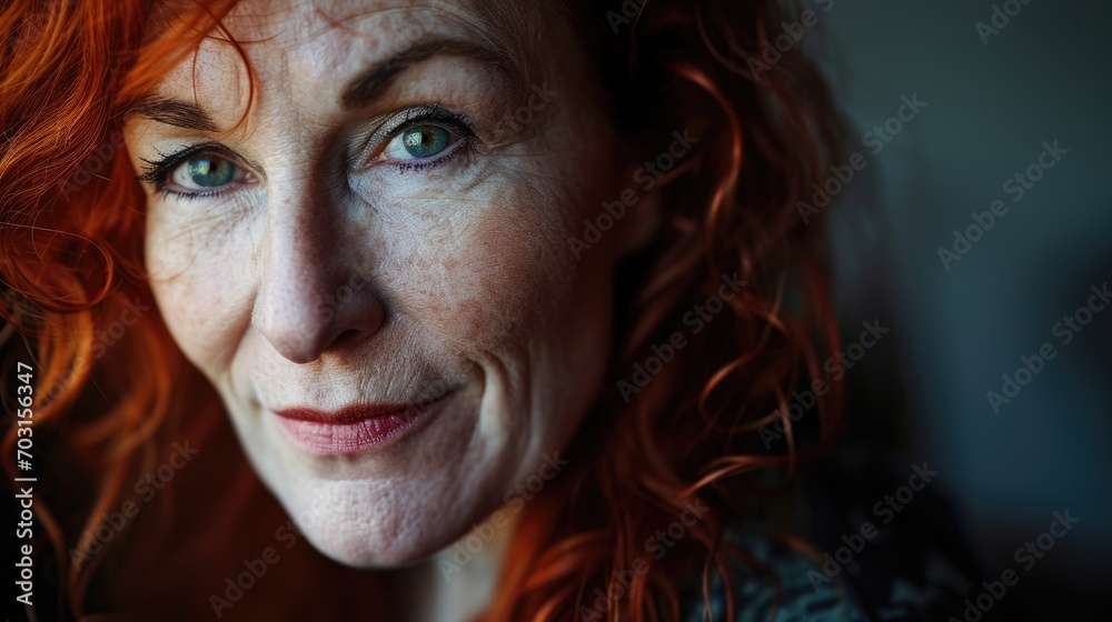 closeup portrait of a middle aged woman with bright red hair closeup portrait of a middle aged woman with bright red hair