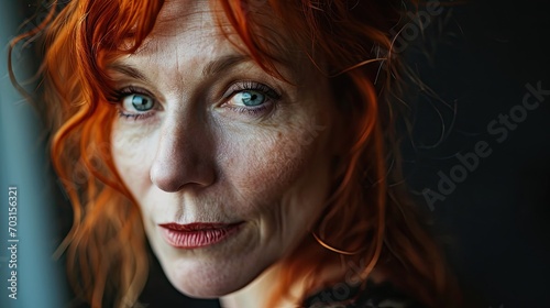 closeup portrait of a middle aged woman with bright red hair photo