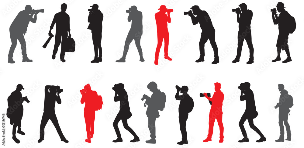 silhouettes of photographer with camera in different positions. Standing, kneeling and sitting at photography. Isolated on white background, vector silhouettes of photographer with camera in different positions. Standing, kneeling and sitting at photography. Isolated on white background, vector