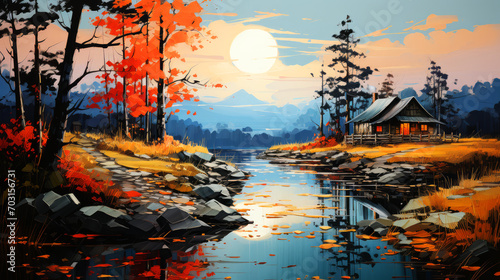 Digital painting of a house on the bank of a lake in autumn.