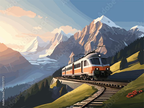 "Craft an intricate vector illustration of a picturesque railway and train in the Alps at sunrise. Explore the use of complex elements in the mountains, sky, and train details, ensuring a balanced com