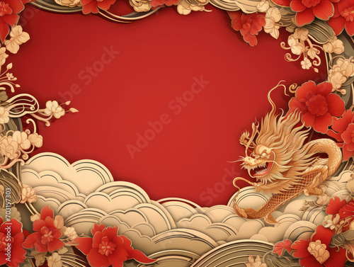 banner template design with dragons, clouds and flowers background with copy space.