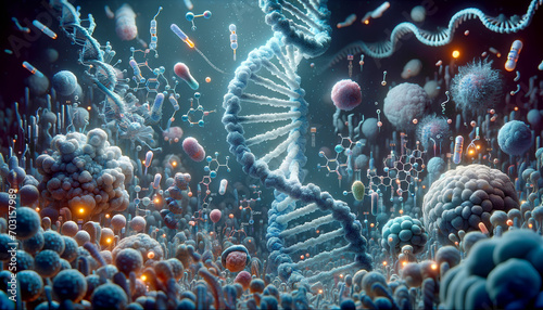 Futuristic 3D DNA Structure with Neon Biochemical Cells - Scientific Research and Genetic Discovery Concept Illustration. AI Generative.