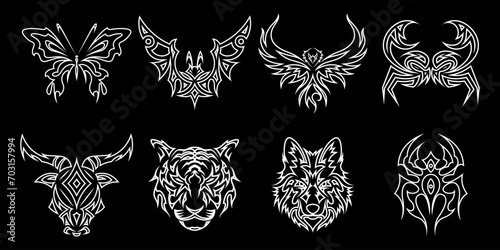 Neo tribal shapes. Gothic sharp elements, modern elements for tattoo, poster, cover, typography, abstract symmetrical design, various decorative elements. Vector set photo