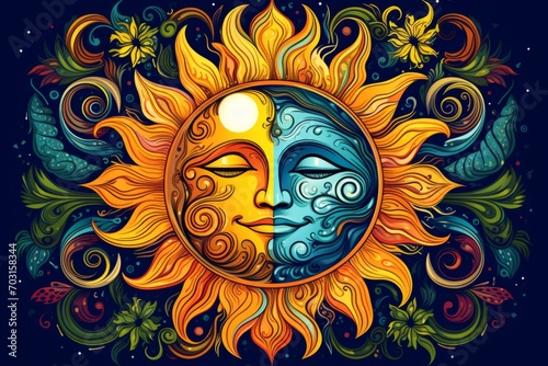Big circle, half side as sun face and the other half as moon face, sun and moon artwork print wall art abstract canvas wall art, in the style of psychedelic patterns, surrealistic portrait photo