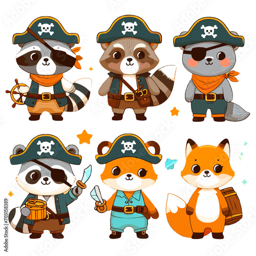 Little pirates animals cartoon character. Raccoon, fox, bear illustrations for kids