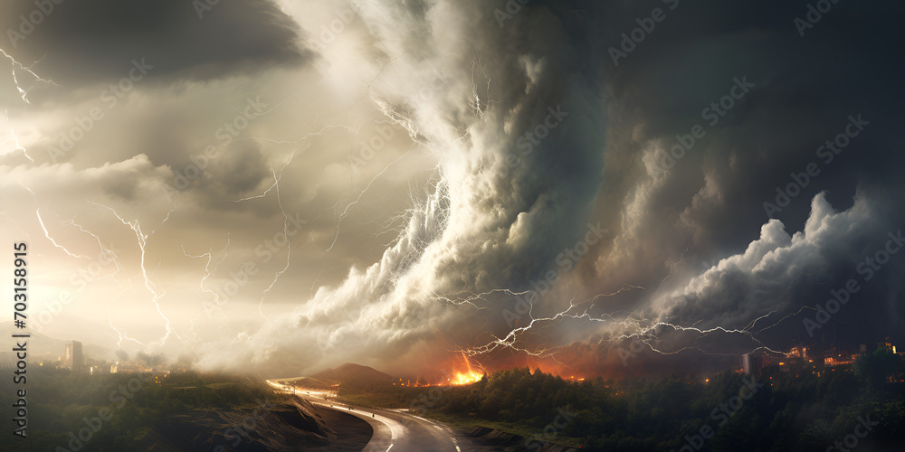 Nature's Fury Unleashed A Monstrous Tornado Devastating a Stormy Landscape, Apocalyptic Havoc Massive Tornado Rampaging Through the Storm-Drenched Terrain generative AI - obrazy, fototapety, plakaty 