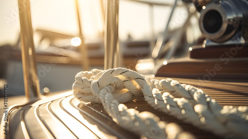 Elegance in Mooring White-Colored Ropes at Luxury Yacht Marinas, Unbreakable Bonds The Strength of Ropes on Navy Ships generative AI  photo