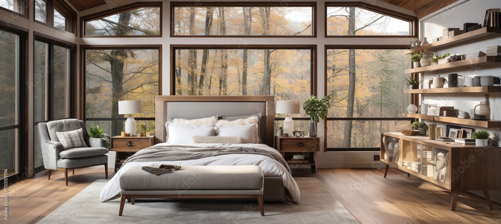 Modern bedroom interior with large windows and forest view Modern bedroom interior with large windows and forest view