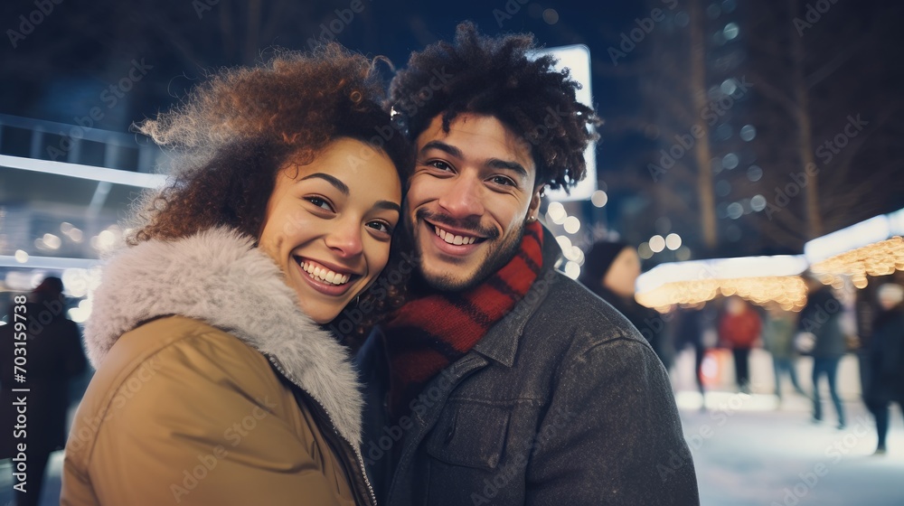 Portrait Of A Young Smiling Mixed Race Couple On An Ice Skating Rink.Winter activities.Generative AI