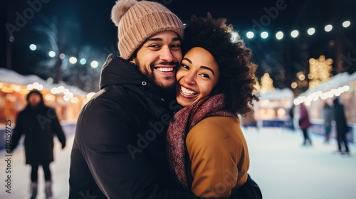 Young Couple Spending Time Together On An Outdoor Ice Skating Rink. Generative AI