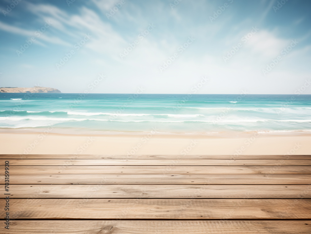 Wooden table by the beach with blurred ocean and sky background Wooden table by the beach with blurred ocean and sky background