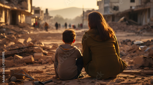 View of a child and a woman sitting in front of a poor area street in Morocco