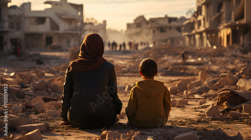 View of a child and a woman sitting in front of a poor area street in Morocco