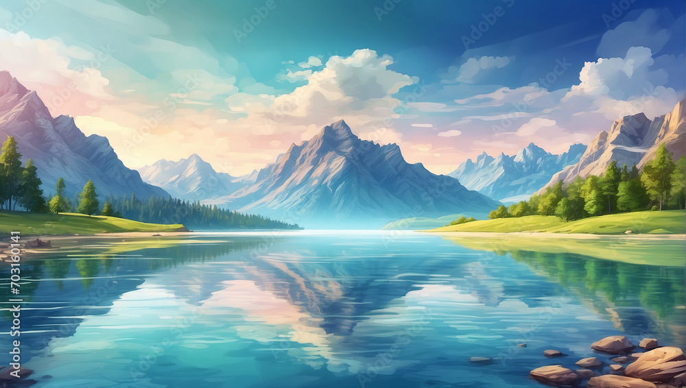Mountain lake landscape illustration with reflection - obrazy, fototapety, plakaty 