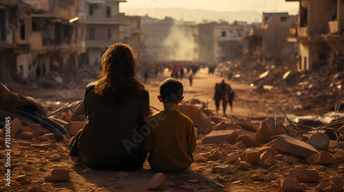 View of a child and a woman sitting in front of a poor area street in Morocco