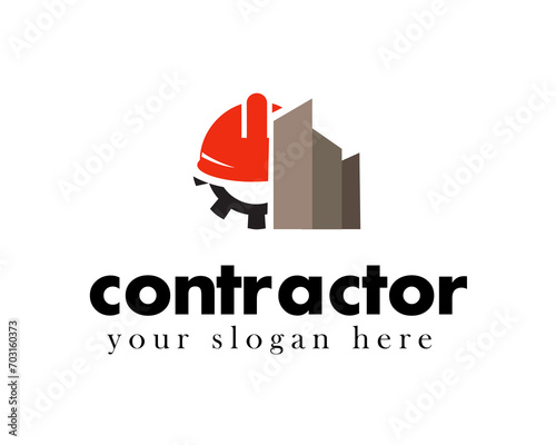 contractor logo design template red helmet with one gear equipped with a building