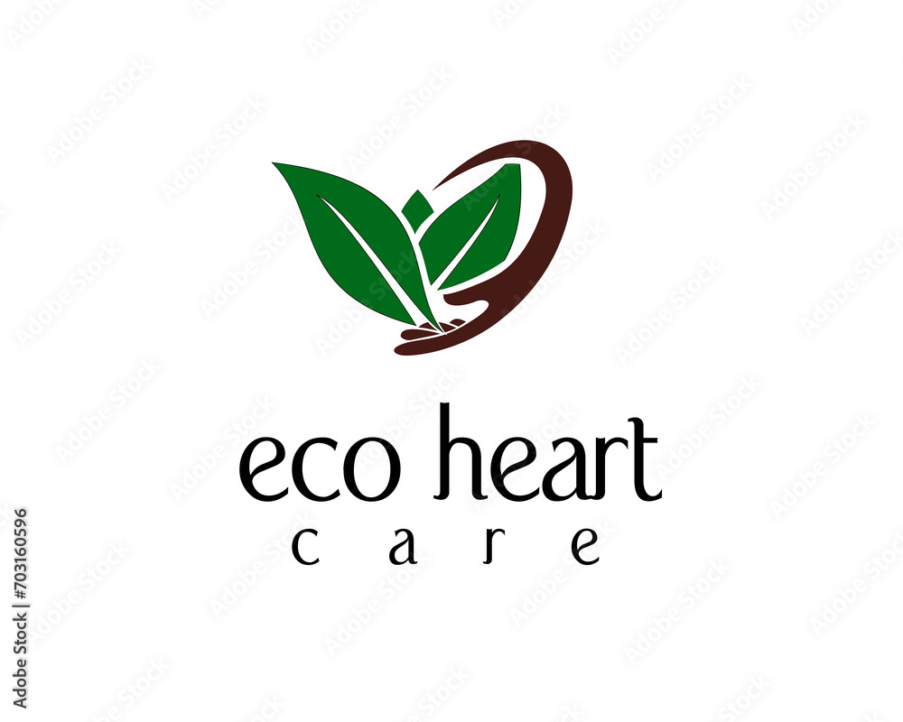eco heart care logo design template 3 leaves forming a love with hands forming a half love