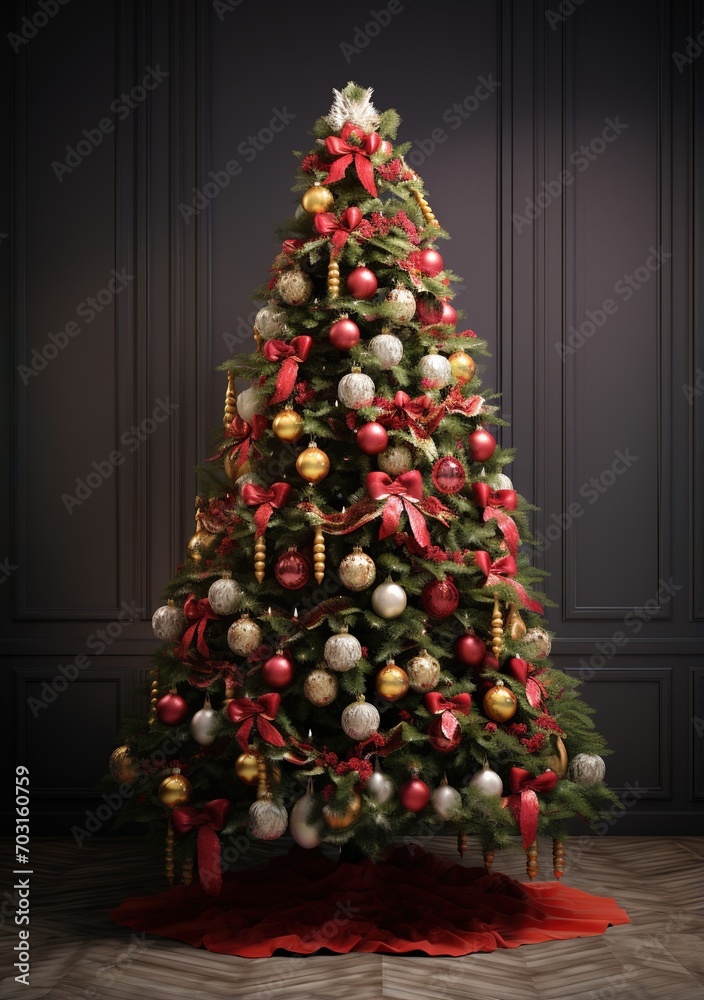 Ornate Christmas tree with red and gold ornaments