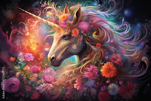 Galactic Unicorn Enveloped in a Swirl of Cosmic Florals and Stardust  a Vision of Fantasy and Wonder