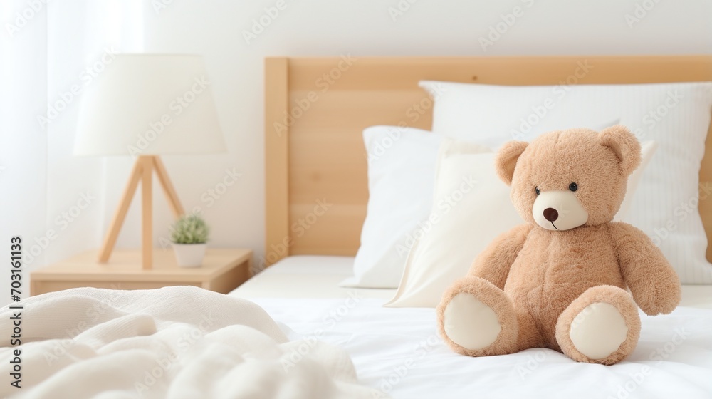 A cute teddy bear sits on a bed with white sheets and pillows