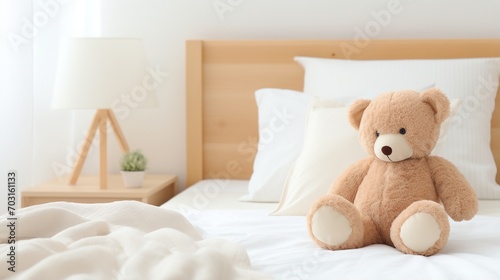 A cute teddy bear sits on a bed with white sheets and pillows