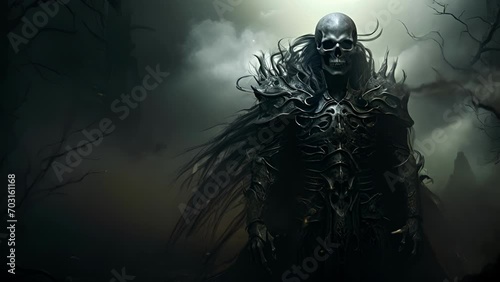 A skeletal figure in ancient armor surrounded by an eerie mist standing guard against the hidden forces of sinister magic. photo