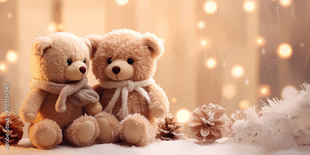 Teddy bears couple in love sitting on the white snow in the winter. Christmas decoration background Teddy bears couple in love sitting on the white snow in the winter. Christmas decoration background
