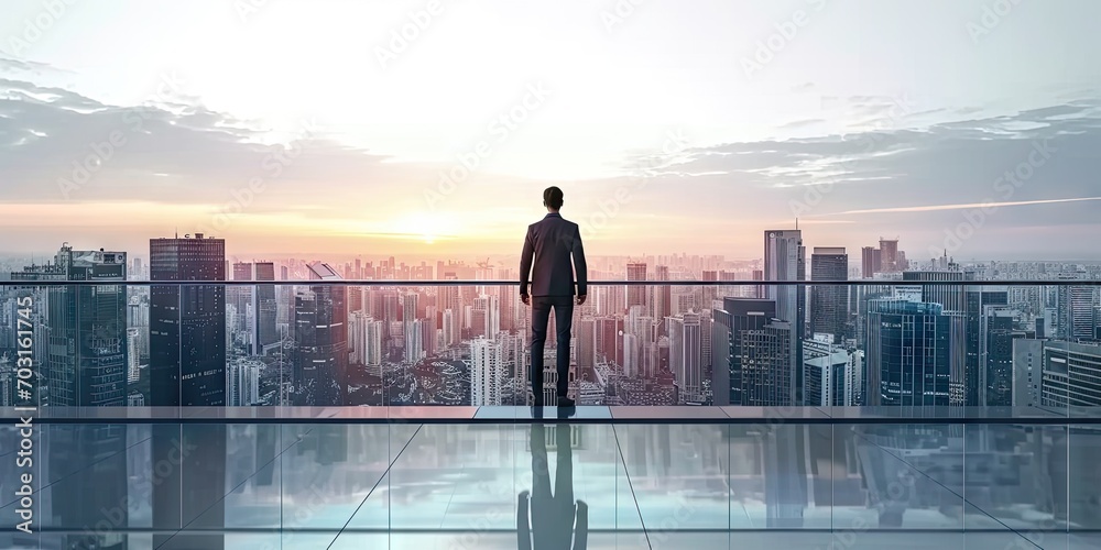 Visionary businessman success in modern cityscape. Skyline strategist. Successful contemplating ideas against urban backdrop. Executive reflections. Business leader into future city skyscrapers Visionary businessman success in modern cityscape. Skyline strategist. Successful contemplating ideas against urban backdrop. Executive reflections. Business leader into future city skyscrapers