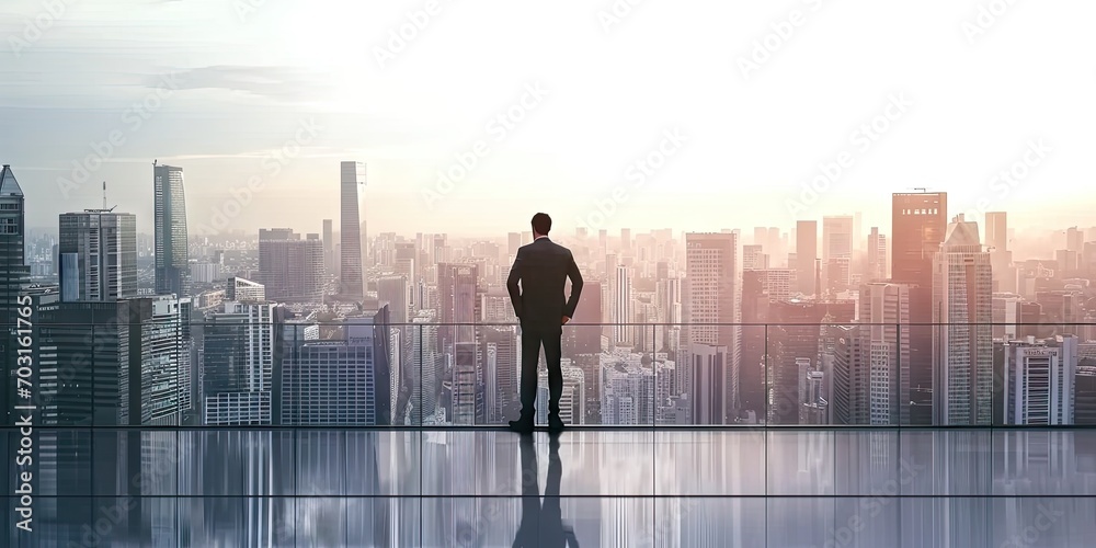 Visionary businessman success in modern cityscape. Skyline strategist. Successful contemplating ideas against urban backdrop. Executive reflections. Business leader into future city skyscrapers Visionary businessman success in modern cityscape. Skyline strategist. Successful contemplating ideas against urban backdrop. Executive reflections. Business leader into future city skyscrapers