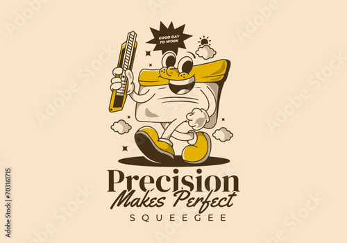 Precision makes perfect. Squeegee mascot character holding a blade, vintage style