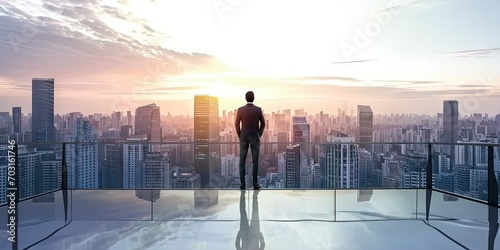 Visionary businessman success in modern cityscape. Skyline strategist. Successful contemplating ideas against urban backdrop. Executive reflections. Business leader into future city skyscrapers
