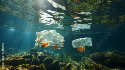 Sea and pollution. Plastic bag under the sea.