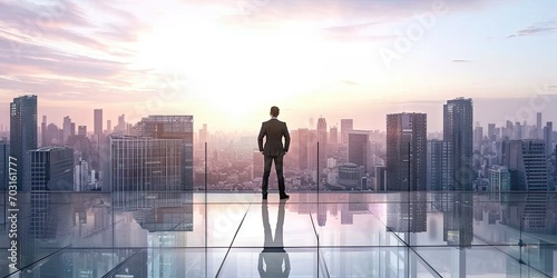 Visionary businessman success in modern cityscape. Skyline strategist. Successful contemplating ideas against urban backdrop. Executive reflections. Business leader into future city skyscrapers © Bussakon