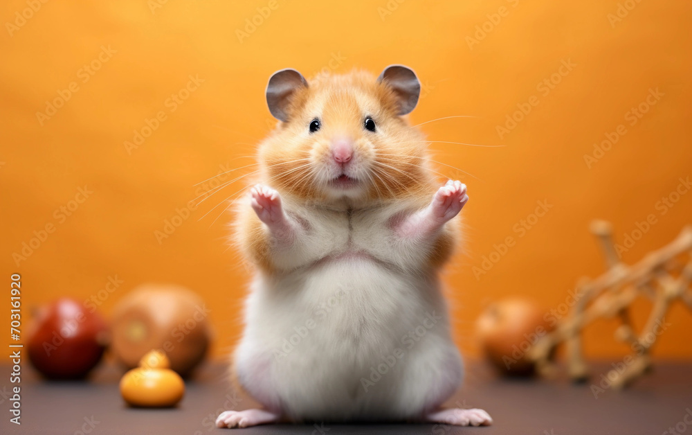 Obraz premium Funny and cute hamster doing yoga on the yellow background
