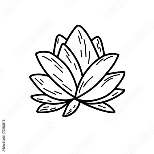 Lotus flower in hand draw style. Water lily black linear design isolated on white background. Vector illustration